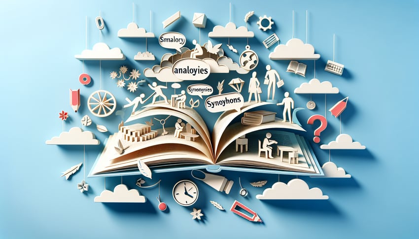 Paper art illustration promoting a free Level F Vocab Unit 4 quiz on a sky blue background