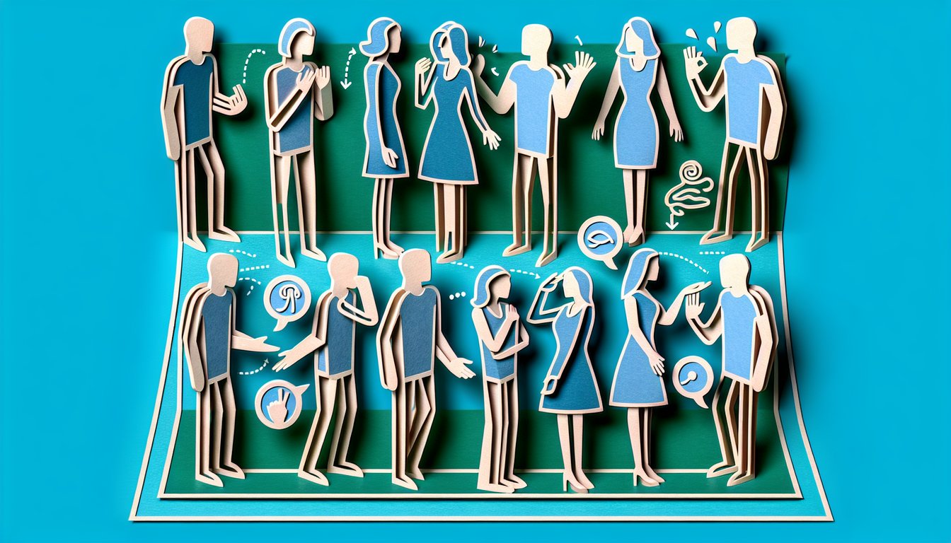 paper art cutout faces and hands making gestures on teal background for body language quiz