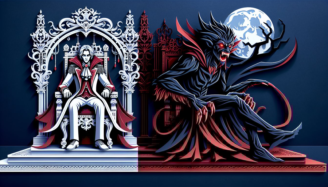 Paper art illustration with bat fangs crescent moon castle and blood drops on dark blue backdrop for vampire quiz