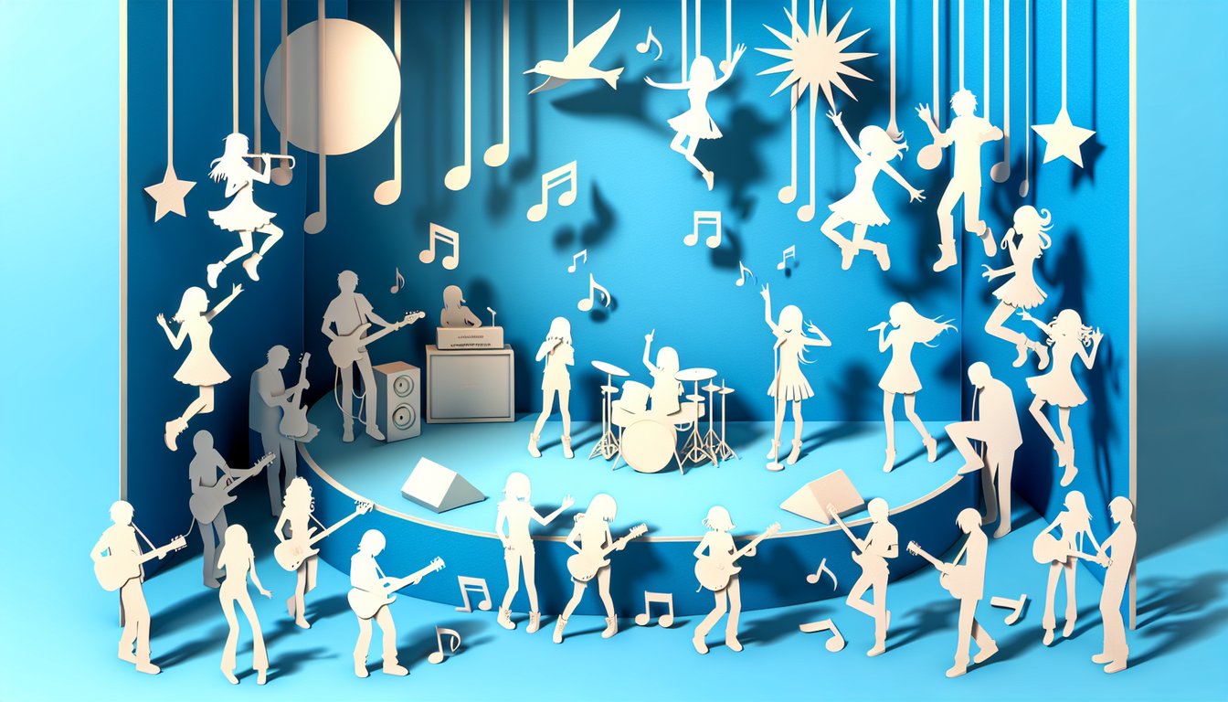 Paper art illustration of kawaii band members on sky blue background for character quiz to find your anime alter ego