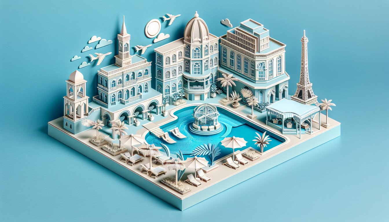 paper art hotel facade palm tree and paper plane quiz banner on sky blue background, fun travel trivia challenge
