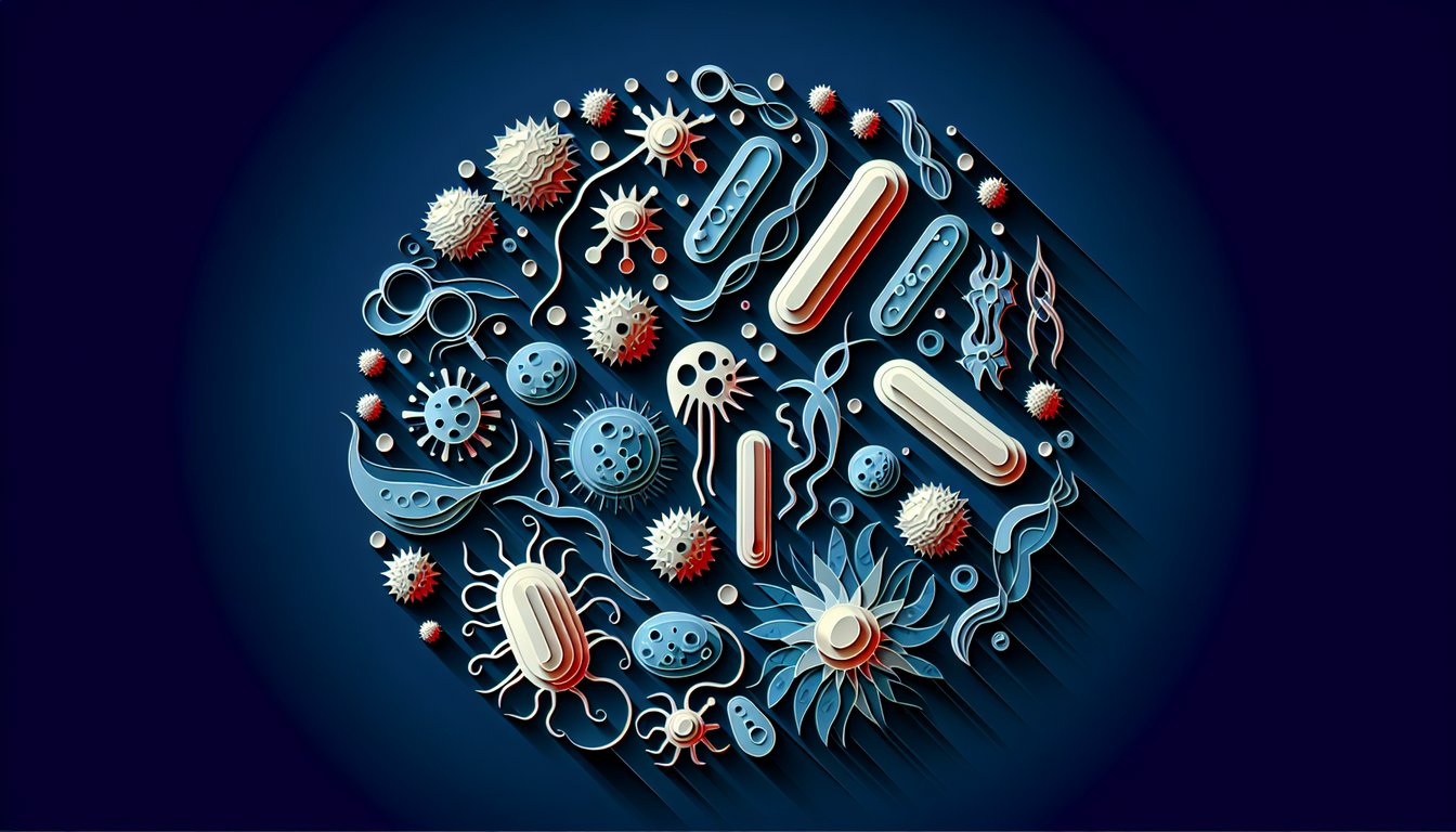 Paper art illustration for microbiology quiz on chapter 1 fundamentals on dark blue background