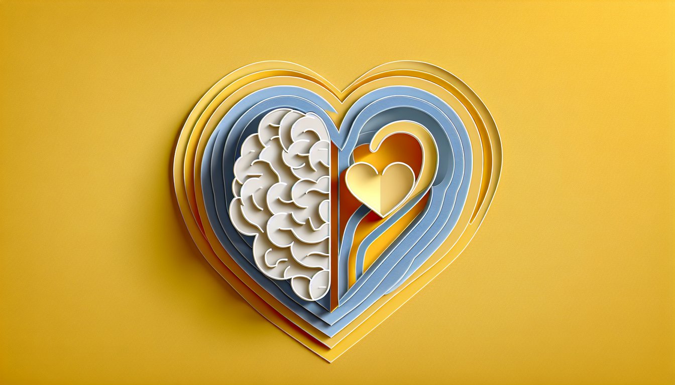 Paper cut illustration of faces and mental health icons on golden yellow background for mental illness stigma quiz