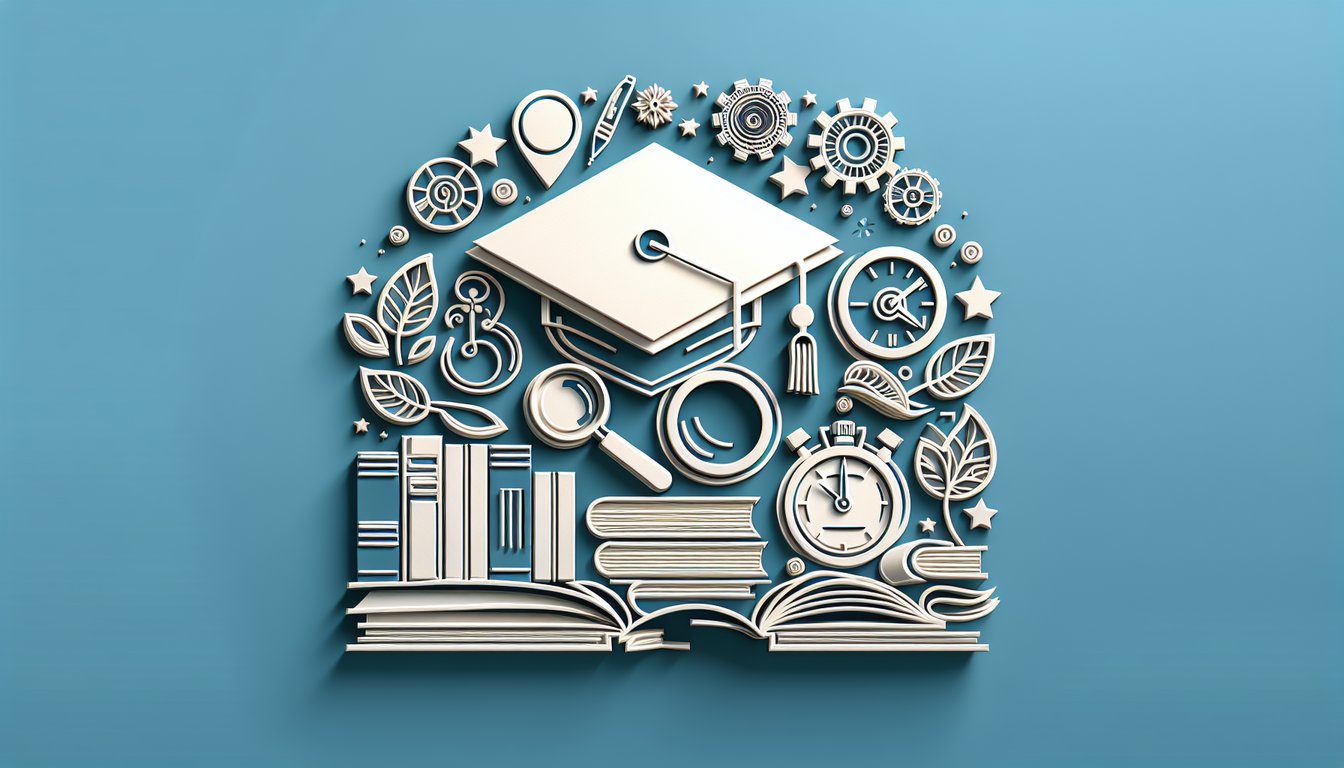 Paper art illustration of quiz materials and GAT sample questions on a sky blue background