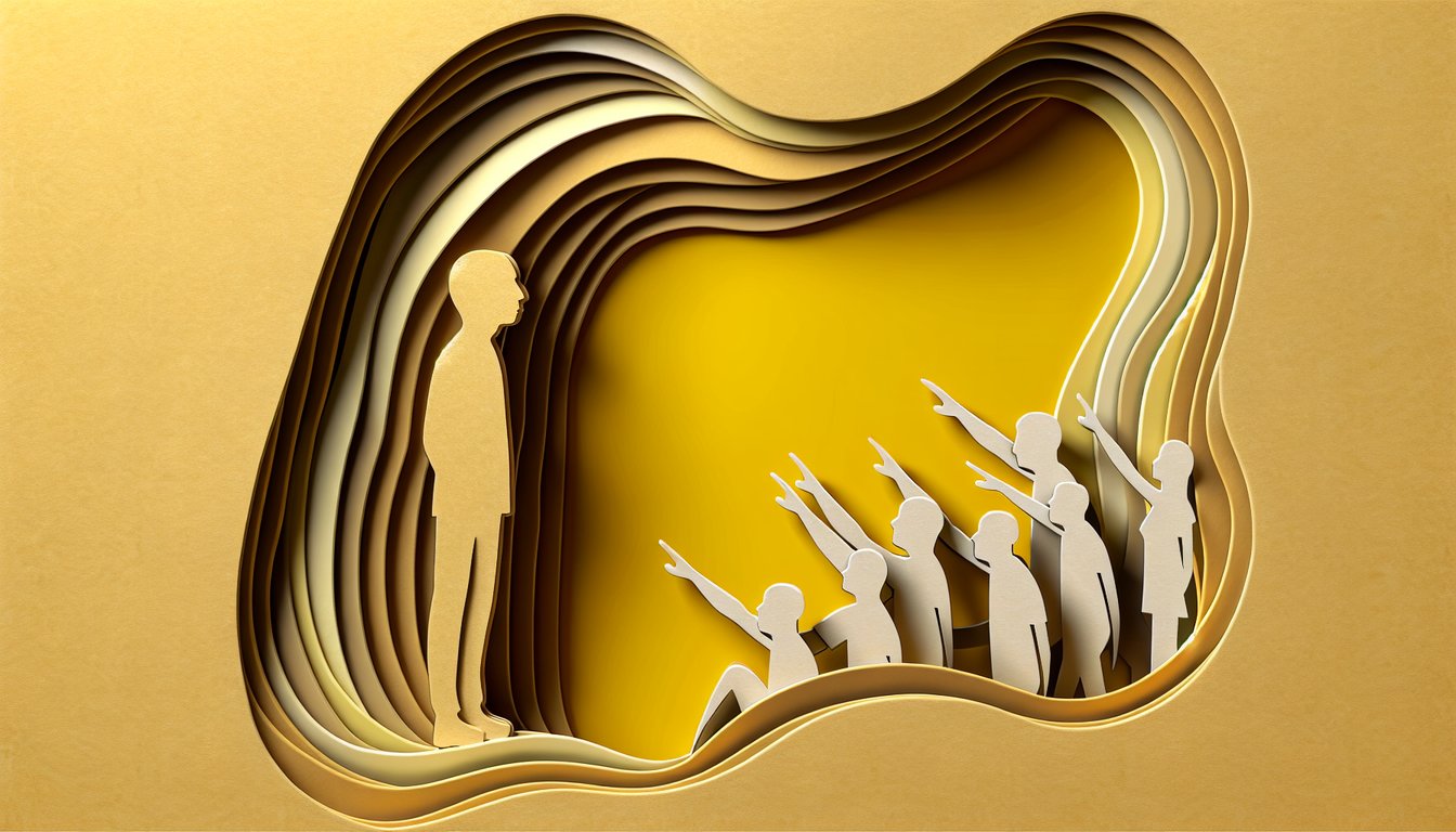 paper art shows bystanders ignoring distressed person on golden yellow background for apathy test quiz