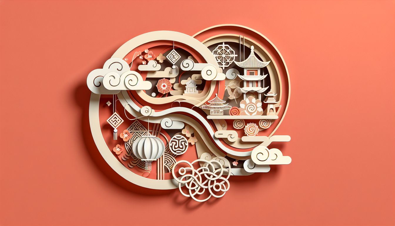 Paper art illustration on coral background with overlapping Asian and Caucasian profile silhouettes puzzle pieces quiz