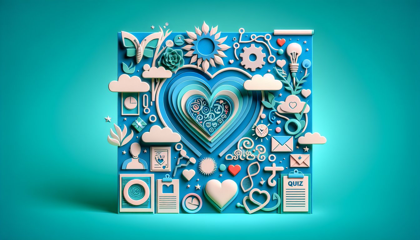 Paper art hearts and playful text on teal background promoting free Would You Love Me If quiz testing lovable personality