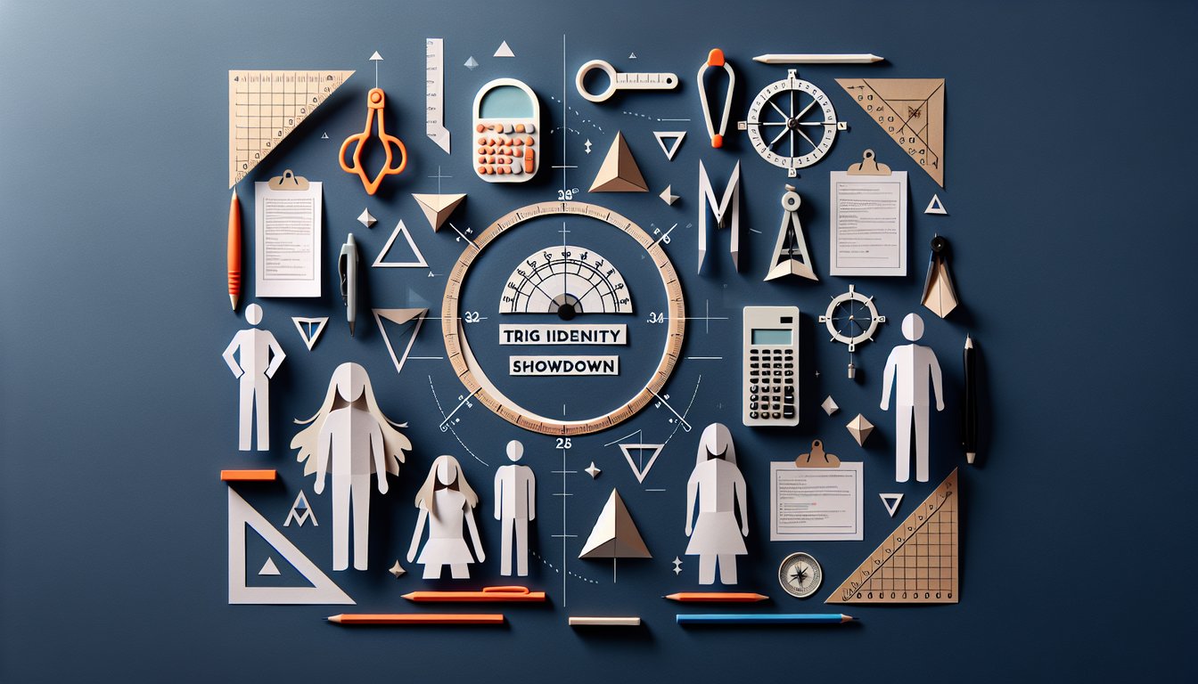 Paper art depicting a trivia quiz on Trig Identity Showdown for high school students.