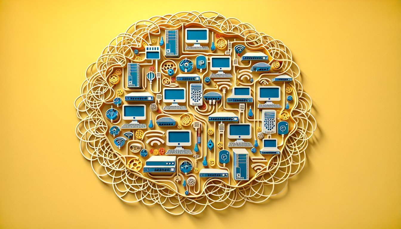 Paper art on golden yellow background with network icons and quiz challenging skills in tools protocols IP addressing