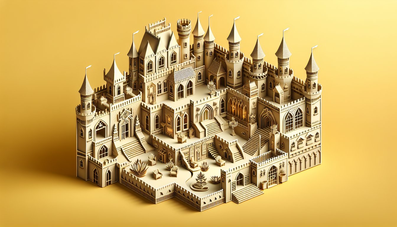 Paper art illustration of stylized castle silhouettes and character puzzle shapes for personality quiz on golden yellow background.