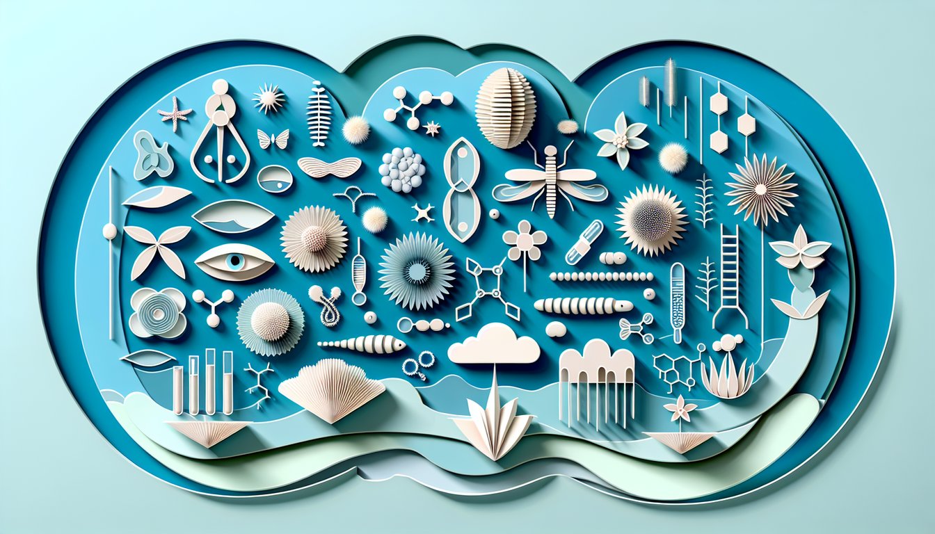 paper art microbes plants and animals illustrating free taxonomy quiz on sky blue background