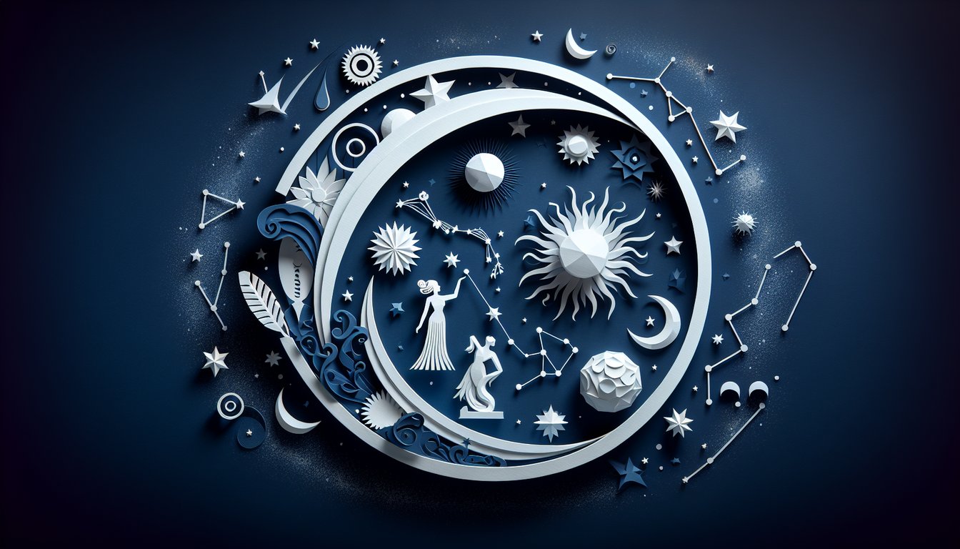 Paper art celestial spirit silhouettes surrounded by stars halos and scrolls on dark blue background quiz banner