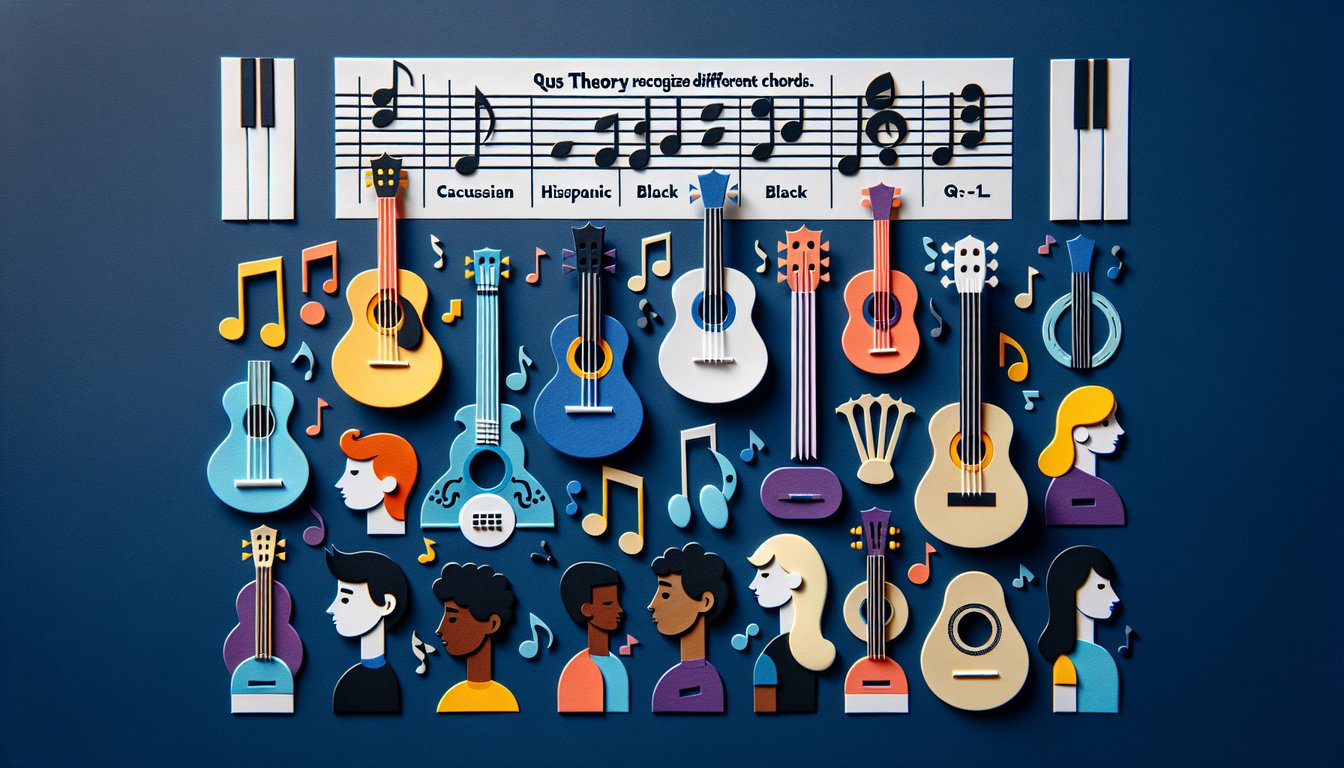 Colorful paper art promoting Chord Flash Frenzy, a music theory quiz for high school students.