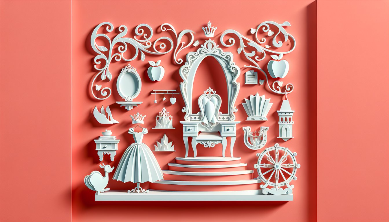Paper art princess silhouettes with classic quotes on coral background quiz prompt to match lines and name each royal