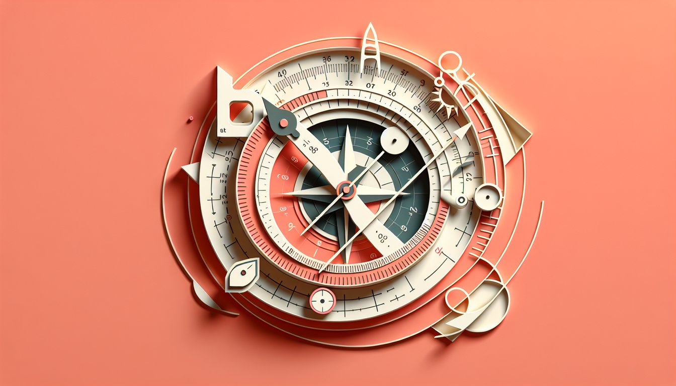 Paper art compass rose showing bearing angles and map shapes for a trig quiz on a coral background.