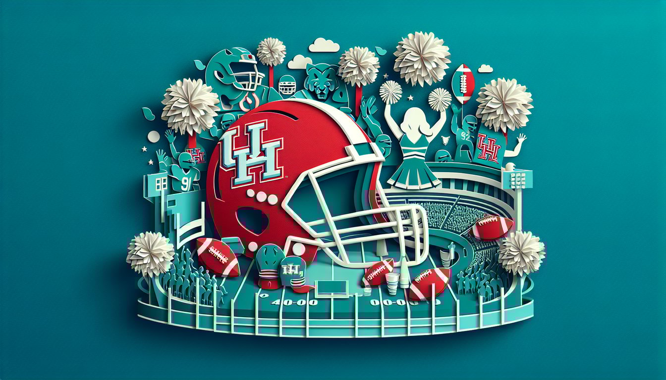 Paper art football helmet with cougar logo, scoreboard, quiz banner and goalposts on teal background
