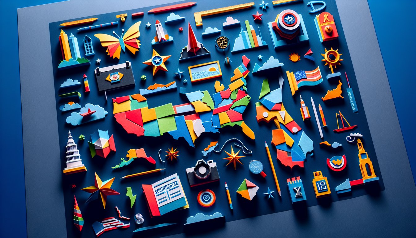 Paper art representing a trivia quiz on Southeast States for middle school students.