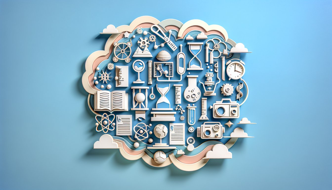 Paper art style graphics of quiz icons for history science and pop culture on sky blue background