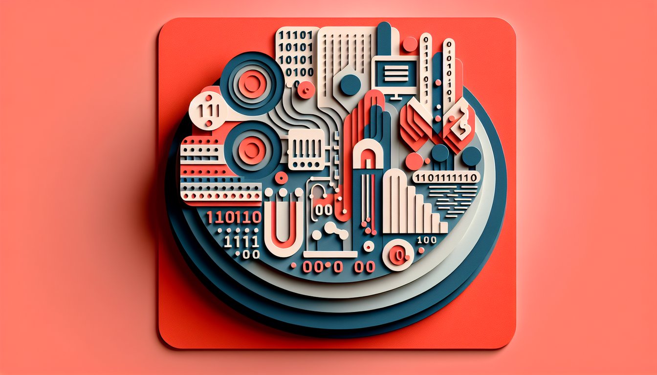 Paper art illustration with binary digits and quiz icons on a coral background