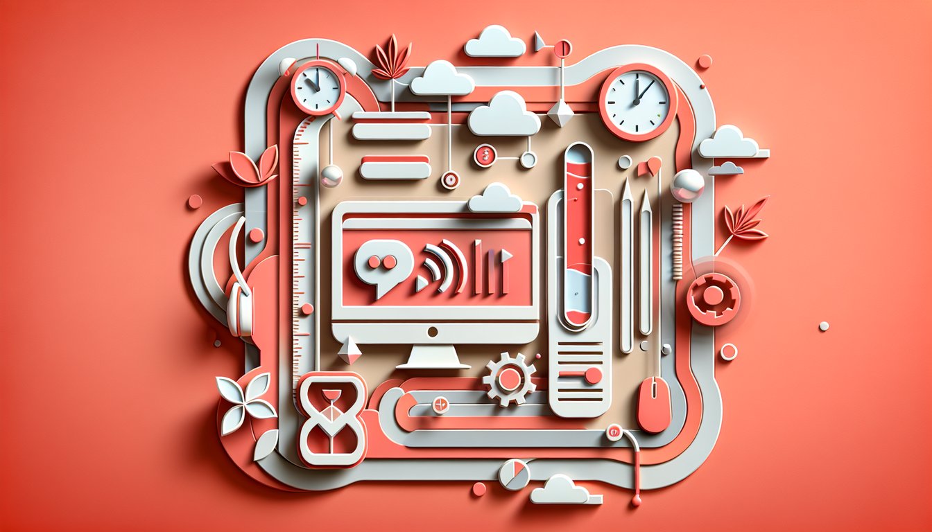 Paper art illustration of playful online quiz icons on coral background