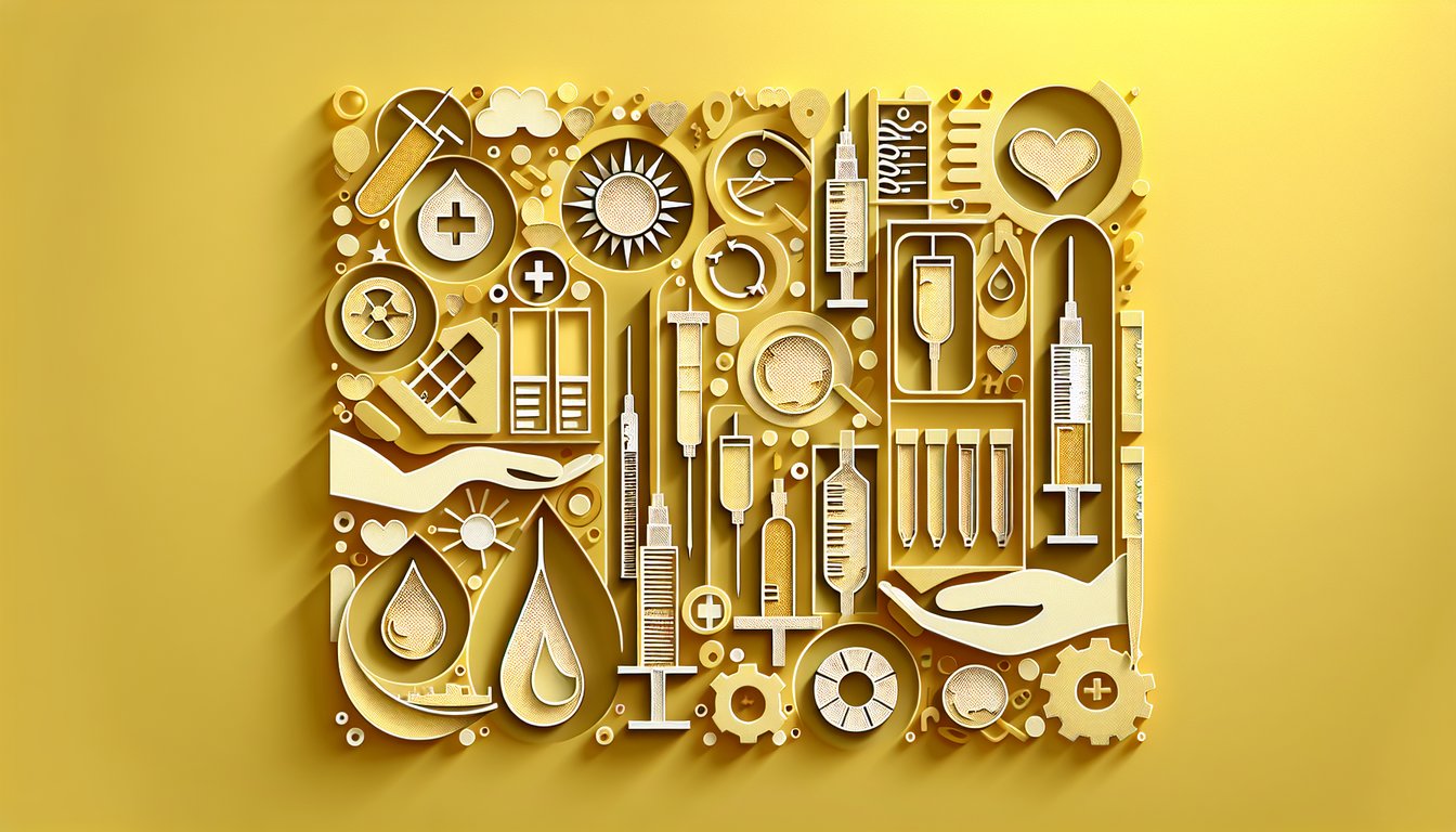 Paper art scene of blood draw tools needles gauge vials gloves on golden yellow background for phlebotomy quiz
