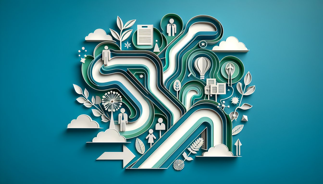 paper art collage of career icons and quiz text on teal background