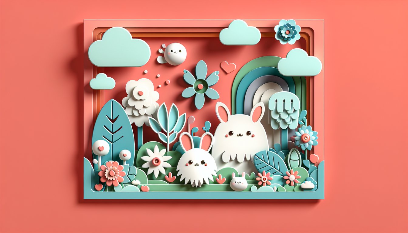 Paper art illustration for Am I Cute quiz with adorable score reveal and personality tips on coral background.