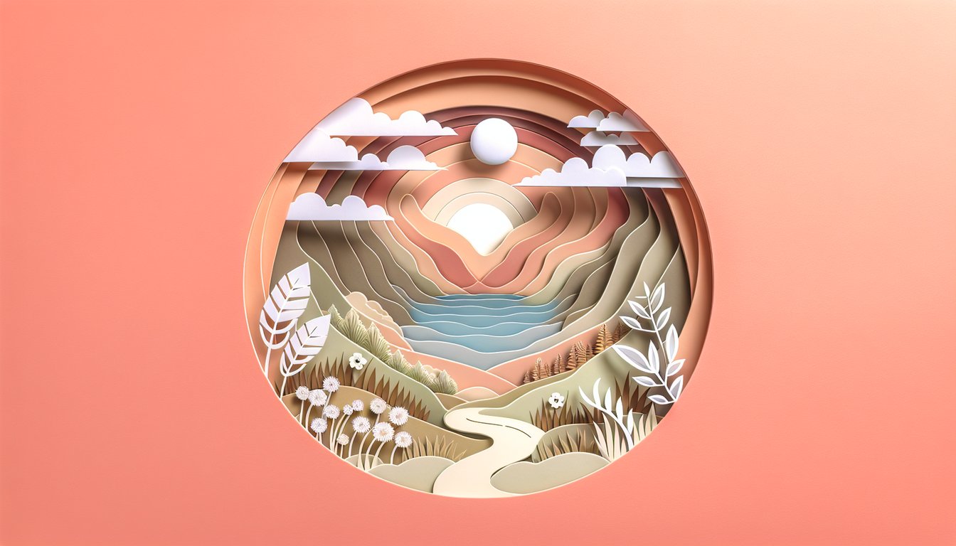 Paper art illustration with layered shapes and mental health icons on coral background for an anxiety stress depression quiz