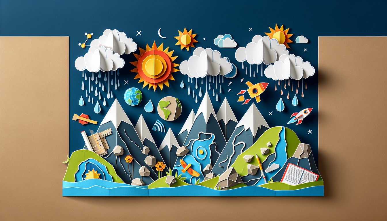 Colorful paper art promoting a high school Earth Science quiz on weathering processes