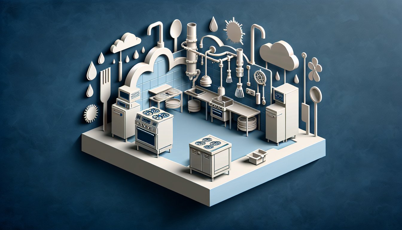 Paper art of kitchen pipes valves flow arrows NSF certified gear and clean-in-place sprayers on dark blue background
