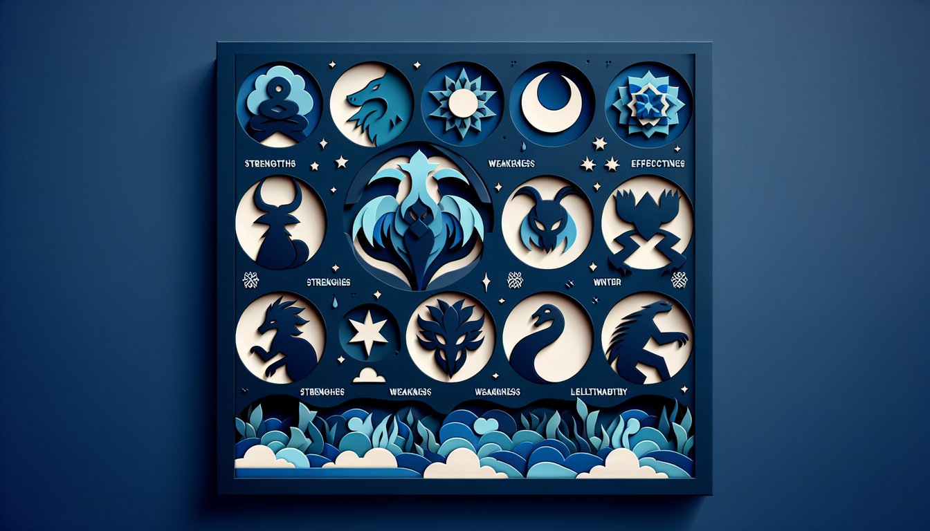 Paper art style Pokemon type symbols and icons floating on dark blue backdrop for a free type effectiveness quiz.