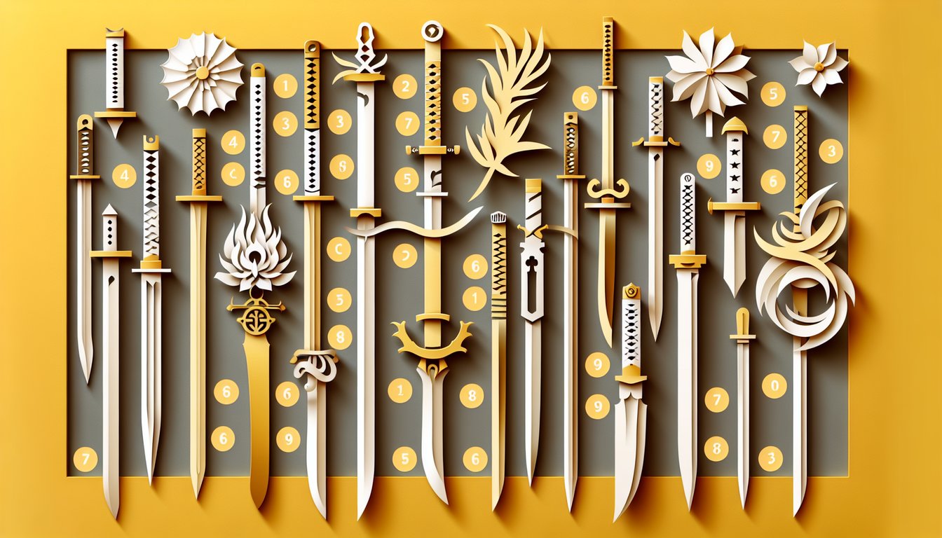 paper art illustration showing katana, claymore and other swords on golden yellow background for sword personality quiz