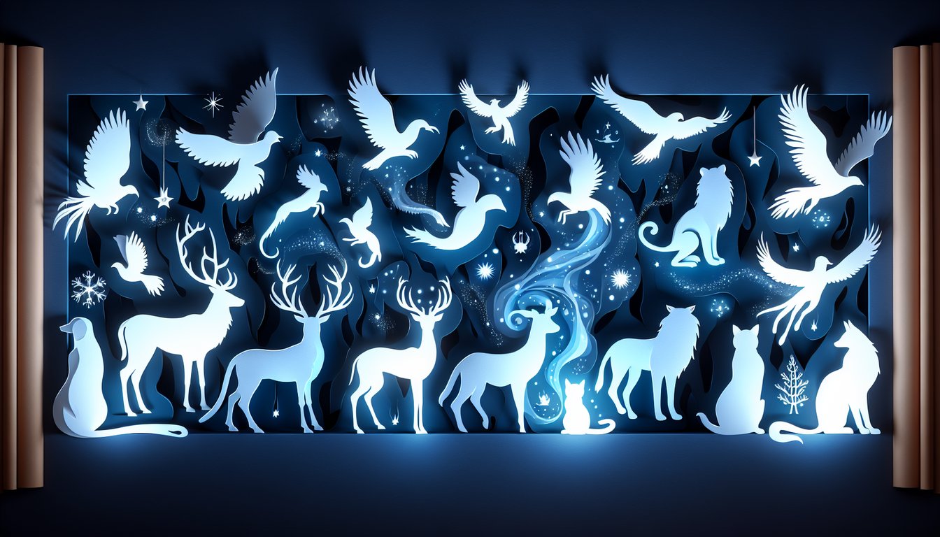 Paper cut style illustration showing glowing magical Patronus animal silhouettes floating on dark blue background