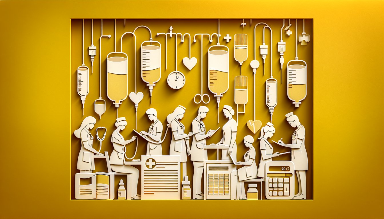 Paper art illustration with fluid containers nursing icons on golden yellow background for intake output practice quiz.