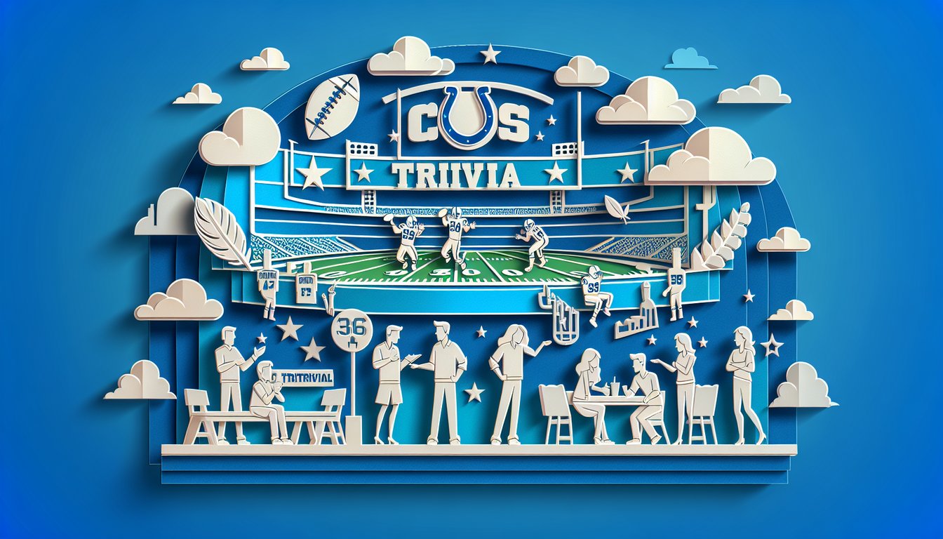 Paper art quiz illustration related to Colts trivia on a sky blue background
