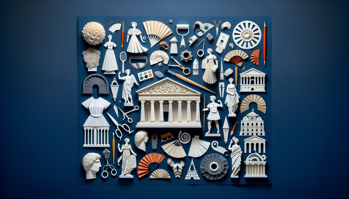 Colorful paper art depicting elements of art history for a trivia quiz