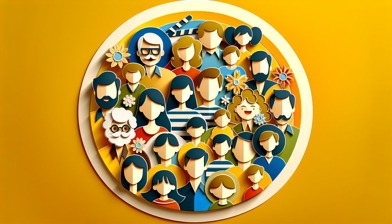 Modern Family character quiz paper art illustration on a golden yellow background