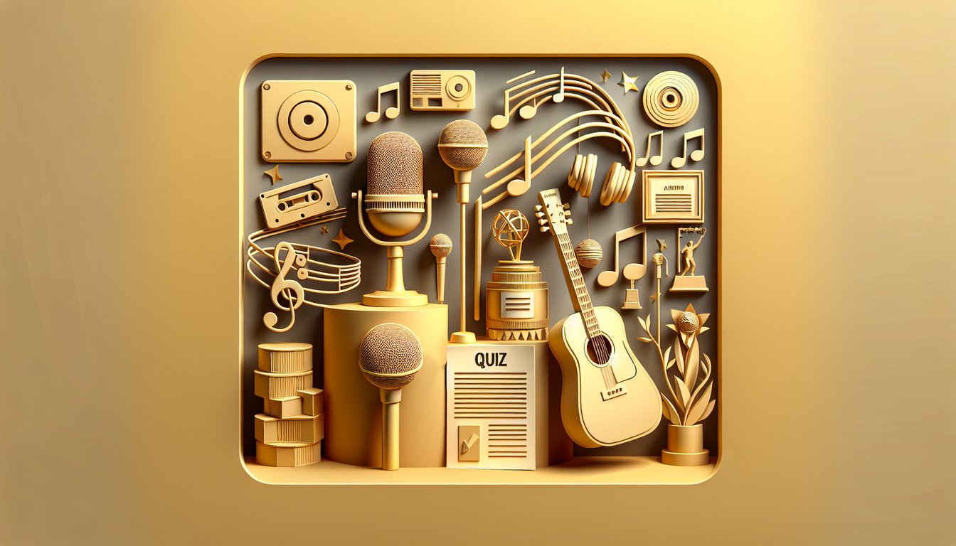 Paper art illustration of Shawn Mendes quiz concept with guitar microphone music notes on golden yellow background