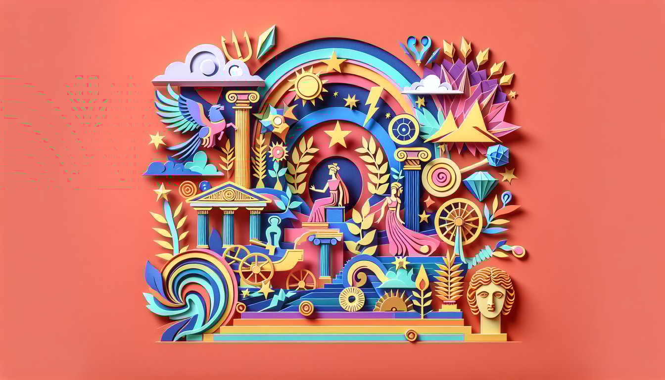 Paper art collage of Greek and Roman goddesses with quiz motifs on coral background