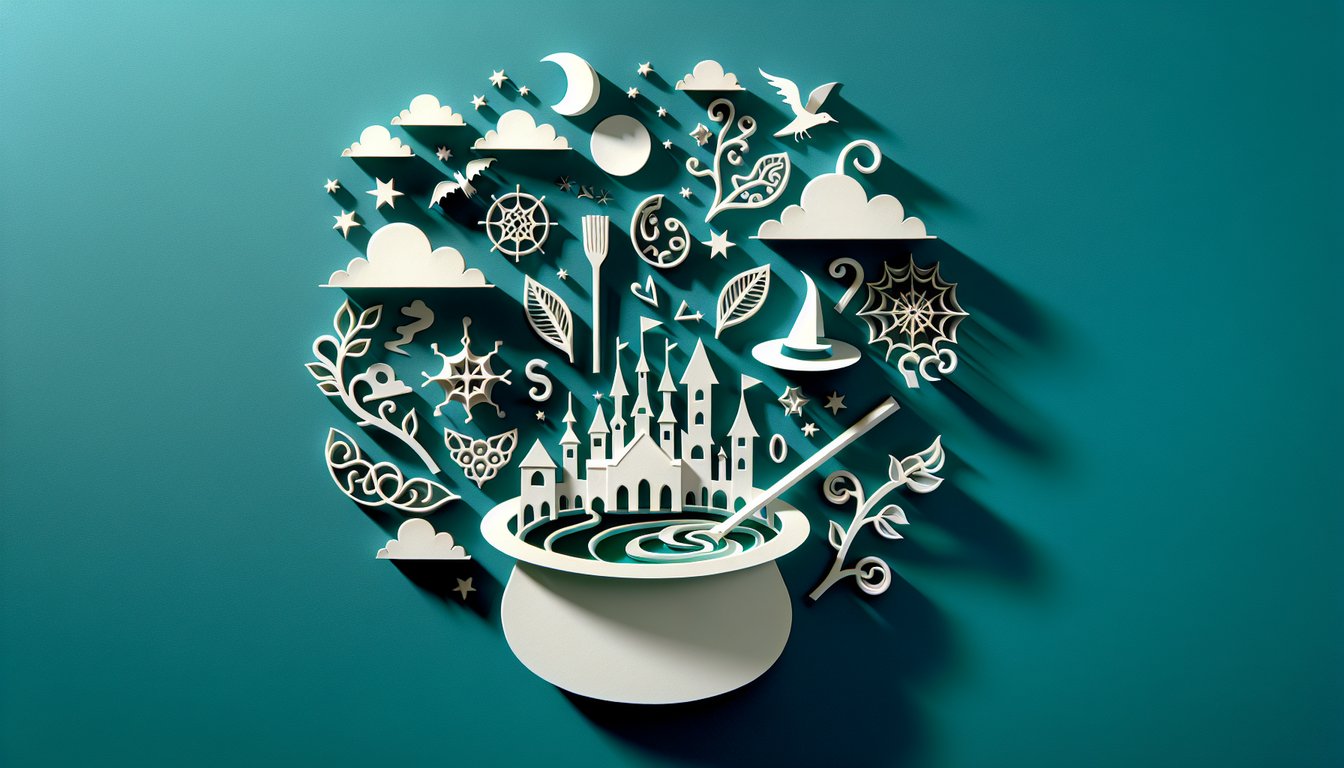 Papercut illustration of open book pages question marks character silhouettes layered on teal background for quiz review