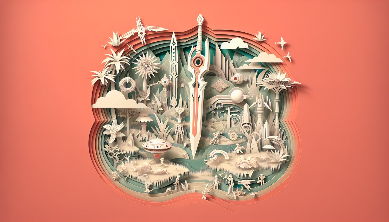 Paper art illustration for Xenoblade Chronicles 3 quiz on coral background featuring cutout characters and question marks