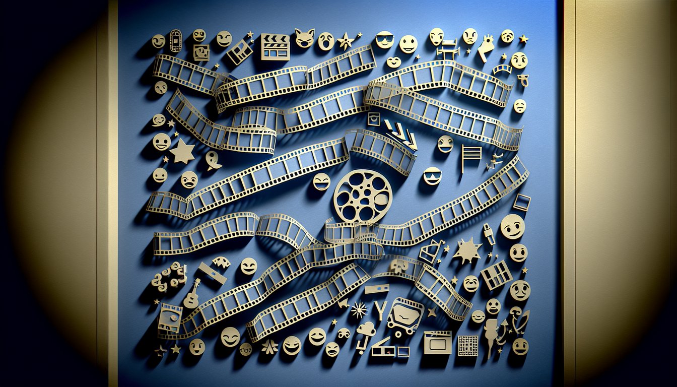 Paper art emoji icons and film symbols on dark blue background invite matching puzzles to iconic movie titles.