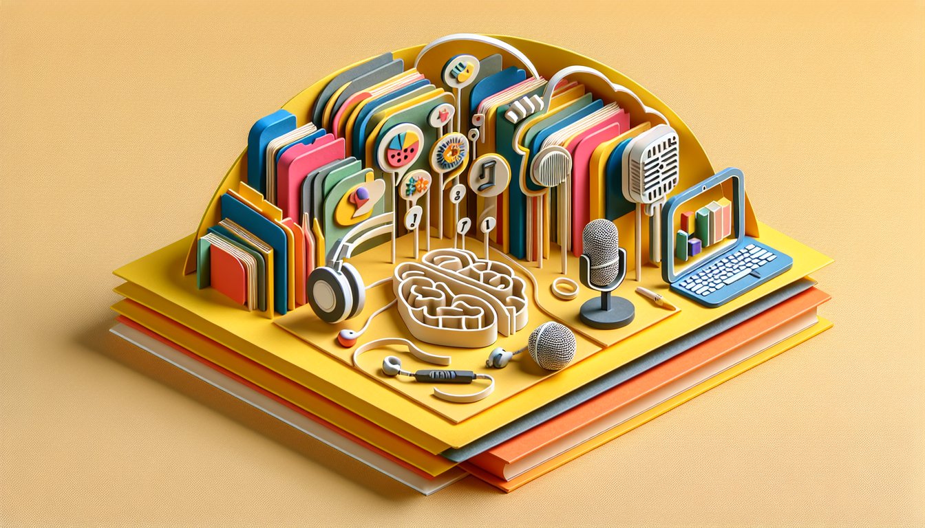 layered paper art forming prepositional phrase quiz title with book pencil speech bubbles on golden yellow background