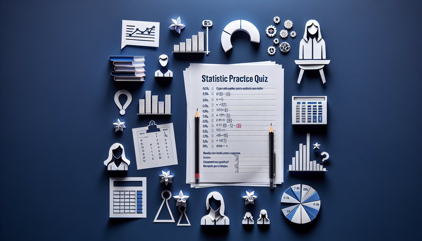 Colorful paper art promoting Ace Unit 8 Stats practice quiz for high school statistics students.
