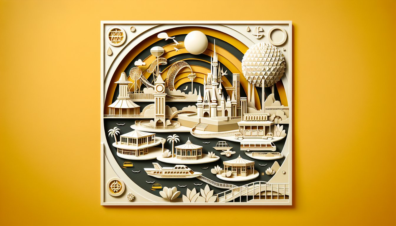 paper art quiz design featuring Epcot landmarks world showcase pavilions question icons on golden yellow background.