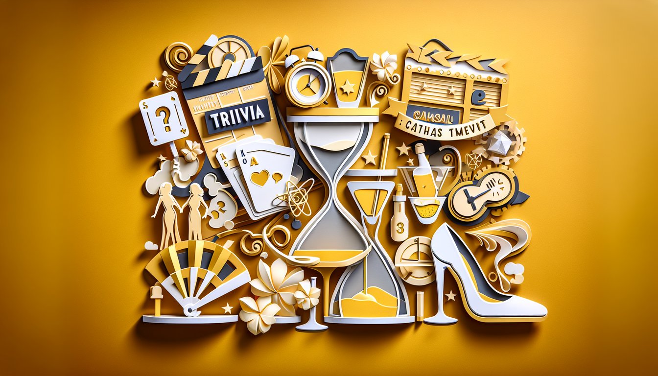 Paper art quiz graphic for Vanderpump Rules trivia quiz on scandals and iconic moments on golden yellow background