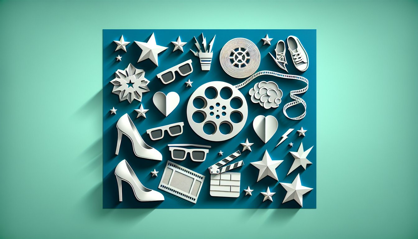 Paper art illustration for a fun film actor personality quiz on a teal background