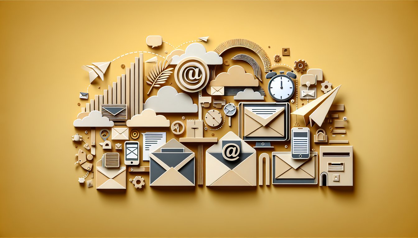 Paper art illustration for email skills and etiquette quiz on a golden yellow background.