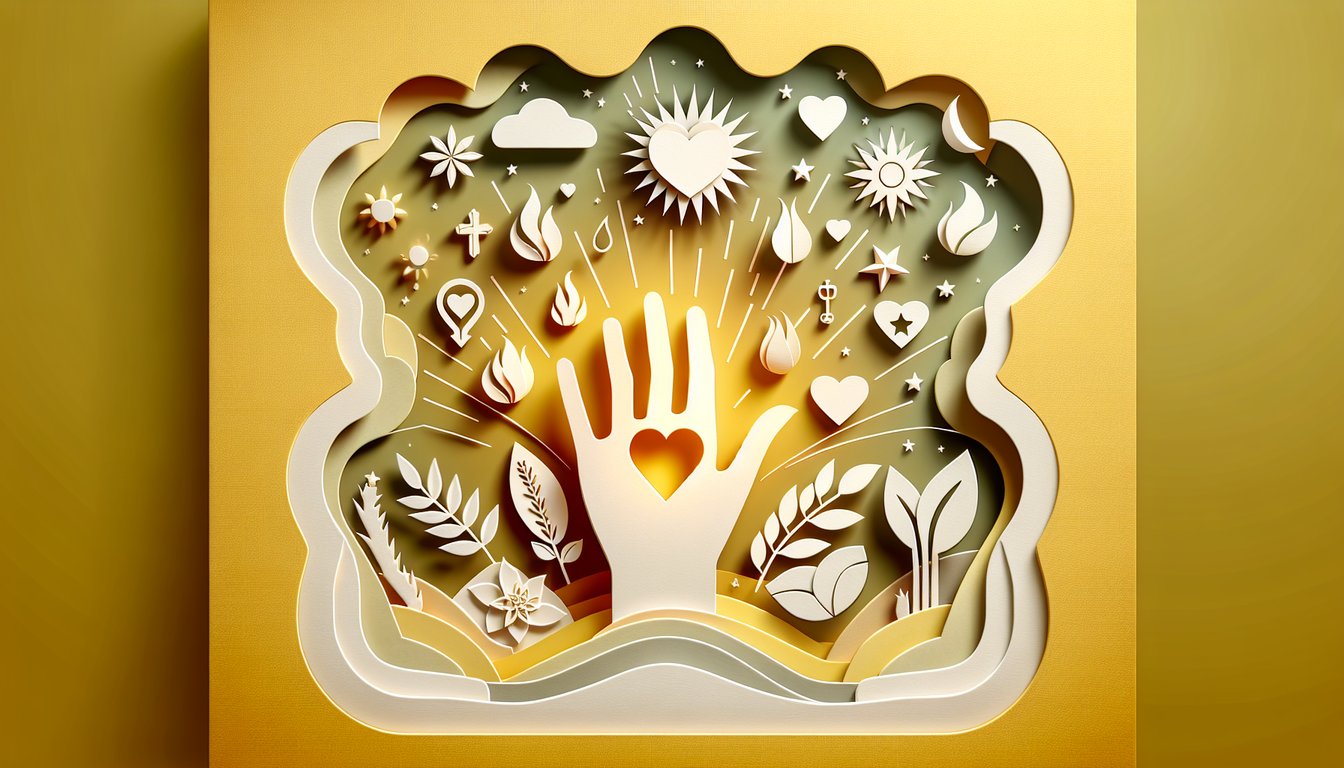 Paper art quiz illustration of hands releasing healing light above a heart with herbs crystals on golden yellow background