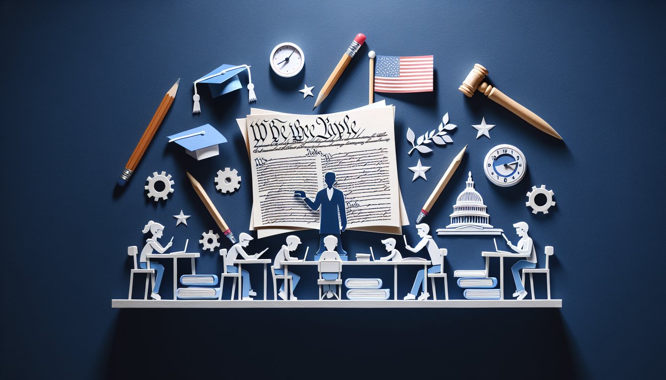Paper art depicting trivia quiz on the Preamble of the U.S. Constitution for high school students.